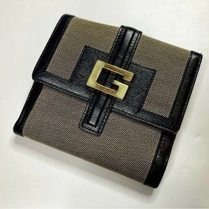 GUCCI GOLD G BUCKLE LEATHER BEIGE CANVAS WALLET BIFOLD Vintage